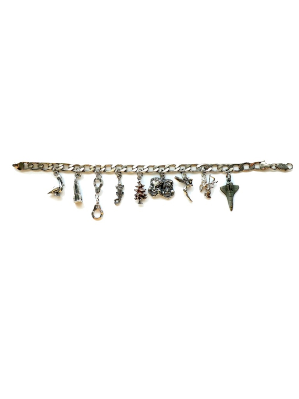 Sterling silver whimsical charm bracelet with 9 charms